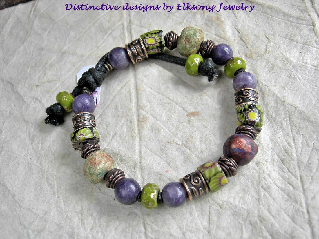 Jungle Bloom Sliding Knot Bracelet, Antique Venetian Glass, Purple Stone