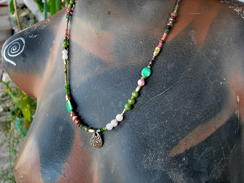 Rose Garden necklace or wrap bracelet with pink & green gemstone, 22kt gold-over-copper beads, antiqued brass rose charm.