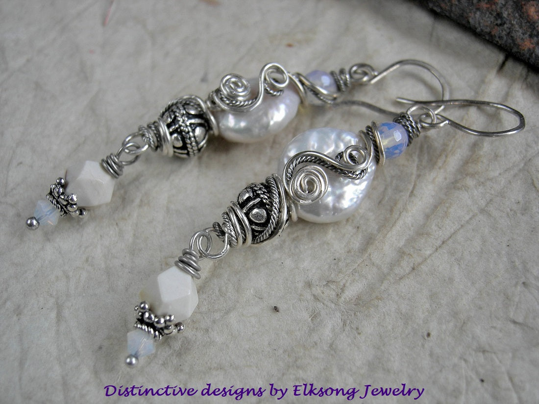 Silvery Moon earrings with freshwater coin pearls, faceted opalite, white mookaite & sterling-over-copper beads with sterling wire wrap.