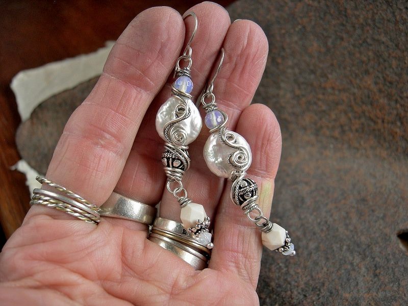 Boho luxe earrings with freshwater coin pearls, faceted opalite, white mookaite & sterling-over-copper beads with sterling wire wrap.