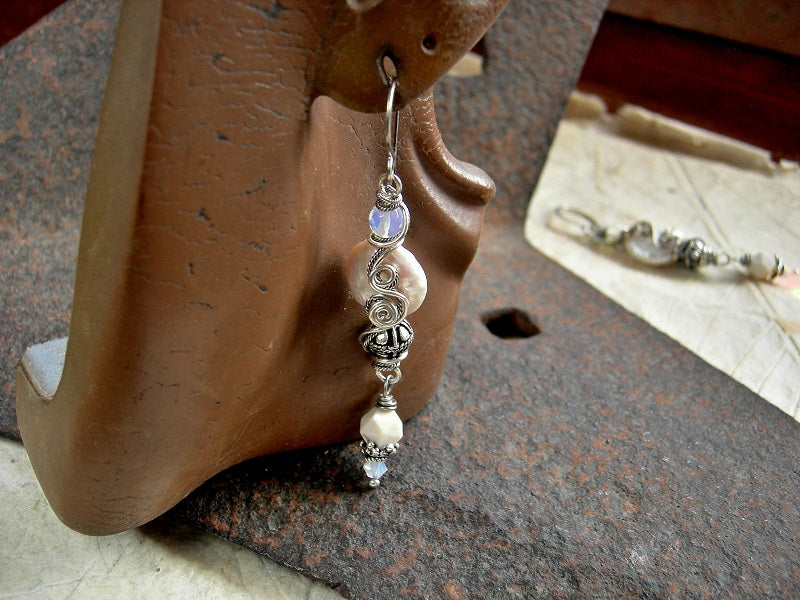 Pearl coin earrings with sterling wire wrap, faceted opalite, white mookaite & sterling-over-copper beads.