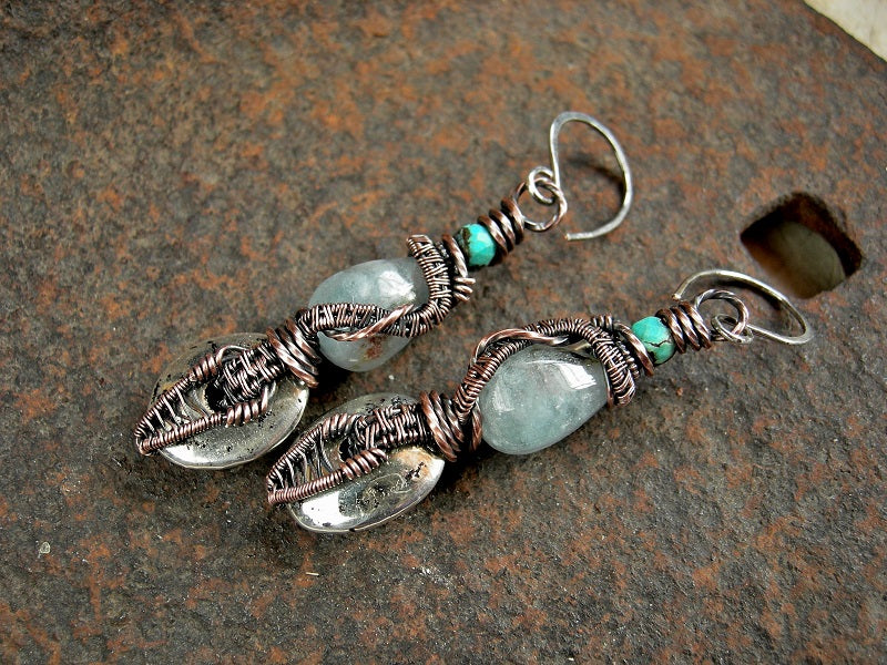 Copper wire wrap earrings with blue aquamarine & turquoise, silver finish ceramic discs. Handmade sterling ear wires.