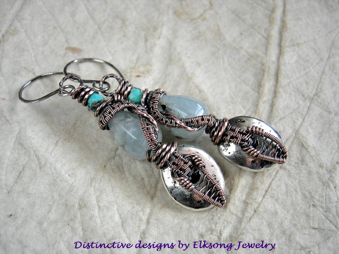 Sea & Sky earrings with blue aquamarine & turquoise, silver finish ceramic discs & copper wire wrap.