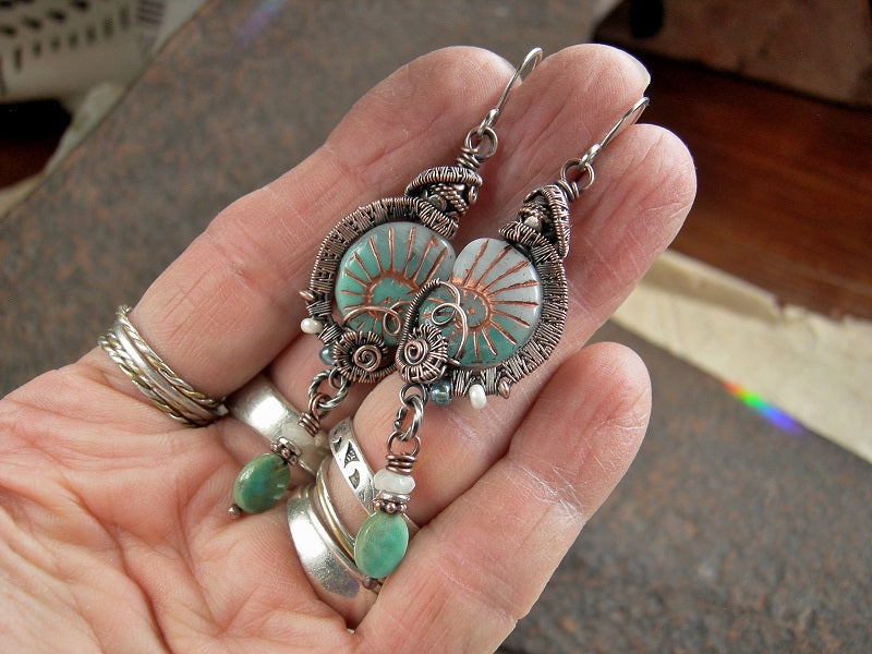 Boho luxe earrings with aqua glass nautilus beads, oxidized copper wire wrap, faceted chrysopase & moonstone, handmade sterling ear wires.