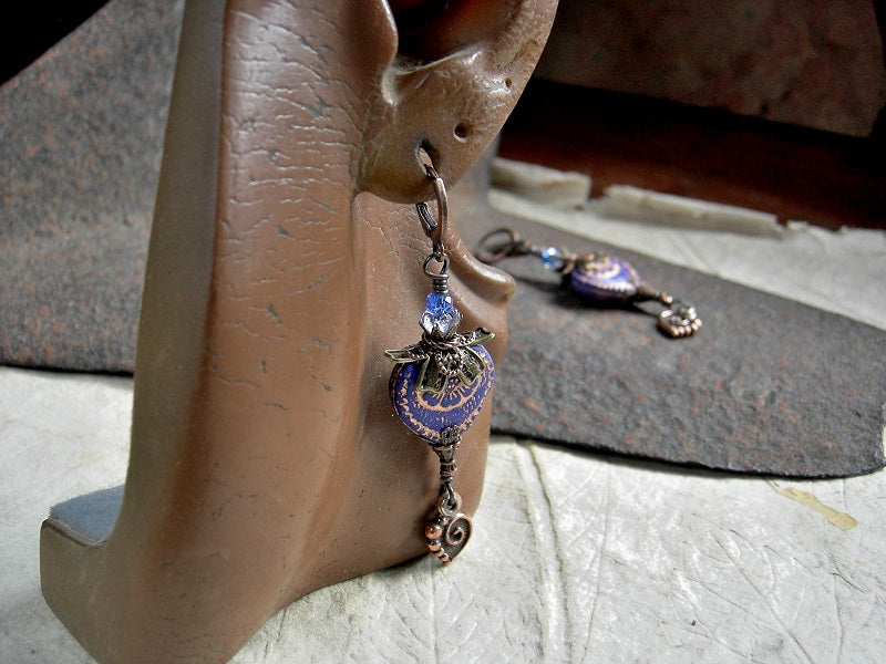 Heart So Blue earrings with blue glass & copper hearts, glass flower beads, blue faceted crystal rondelles & antiqued copper filigree.