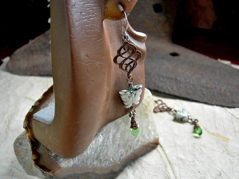 Spring Winds Earrings, Stone Butterflies, Twining Copper Hangers, Crystal