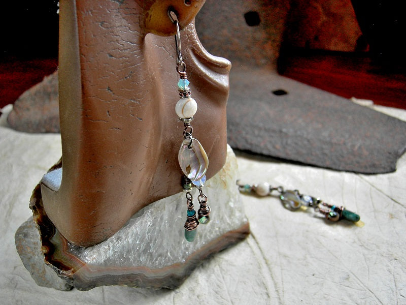 Long cluster style earrings with abalone, apatite, opalite, conch shell, Swarovski crystal & turquoise. Aqua, white & copper.