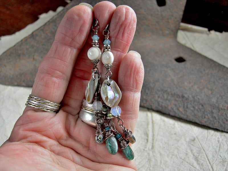 Ocean theme earrings, long cluster style with abalone, apatite, opalite, conch shell, Swarovski crystal & turquoise. Aqua, white & copper.