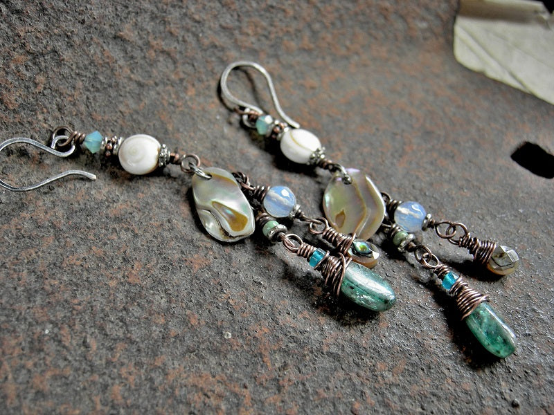 Boho earrings, aqua, white & copper long cluster style with abalone, apatite, opalite, conch shell, Swarovski crystal & turquoise.