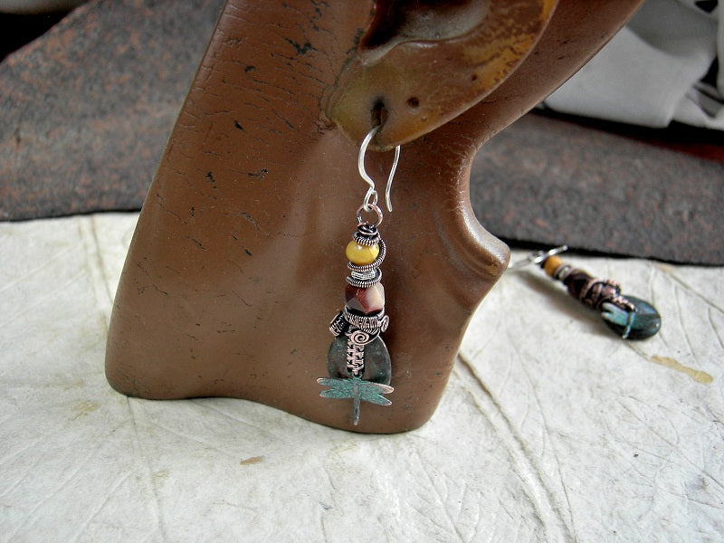 Desert Dragonfly Earrings, Mykonos Ceramic, Mookaite & Amber