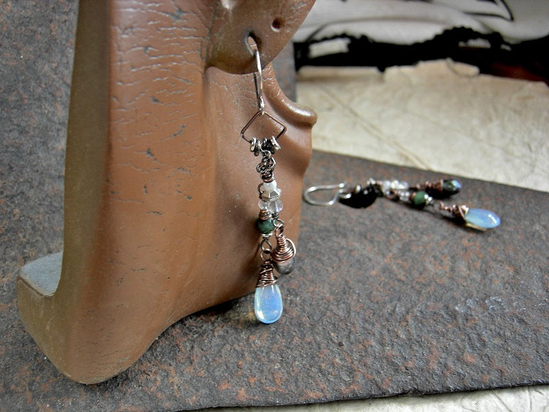 Moon Drop earrings with faceted dark iris pearl & opalite teardrops, faceted emerald, crystal & labradorite beads. Mixed sterling & copper.