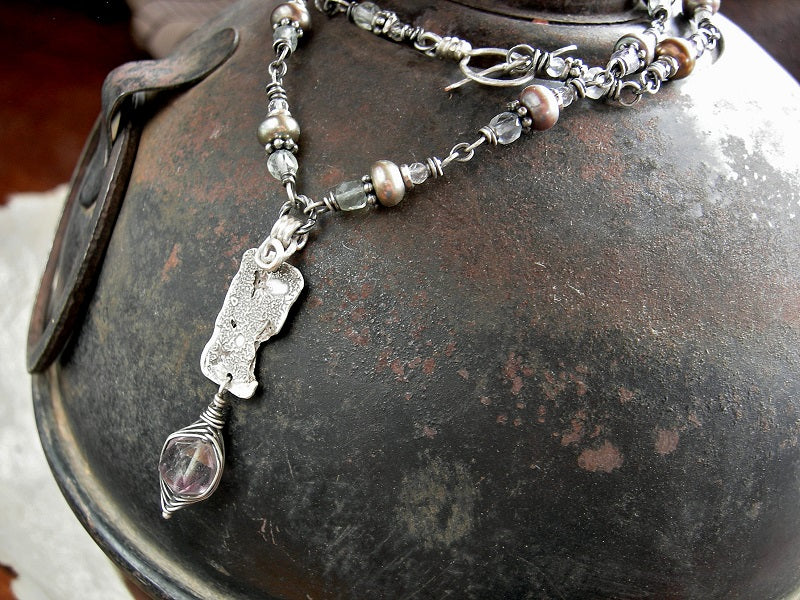 Boho luxe sterling wrapped link necklace with reticulated sterling focal and fluorite, crystal & freshwater pearl beads. Sterling toggle clasp.