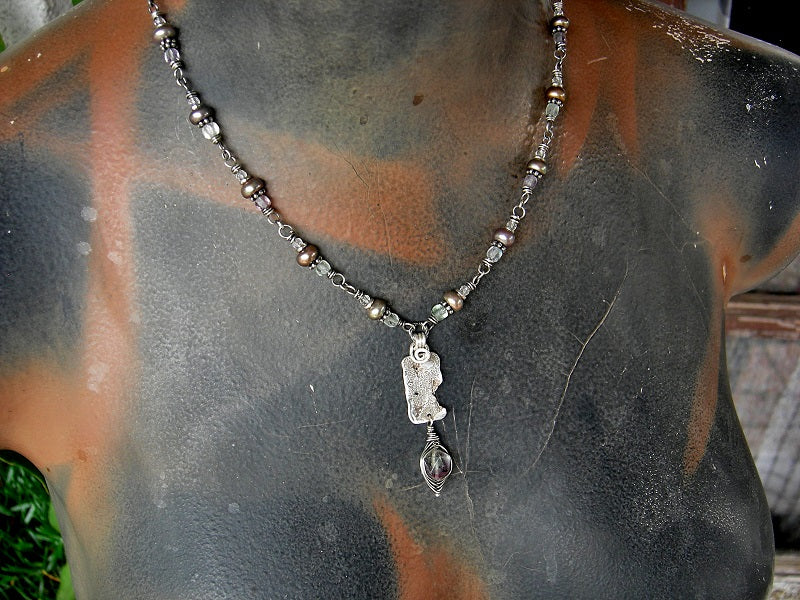 Sterling & bead link necklace with reticulated sterling focal and fluorite, crystal & freshwater pearl beads. Sterling toggle clasp.
