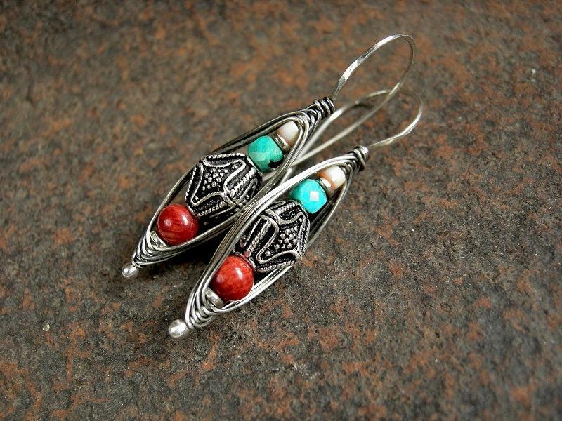 Boho Out West Wrapped Hook Earrings, Turquoise, Coral, Sterling Silver