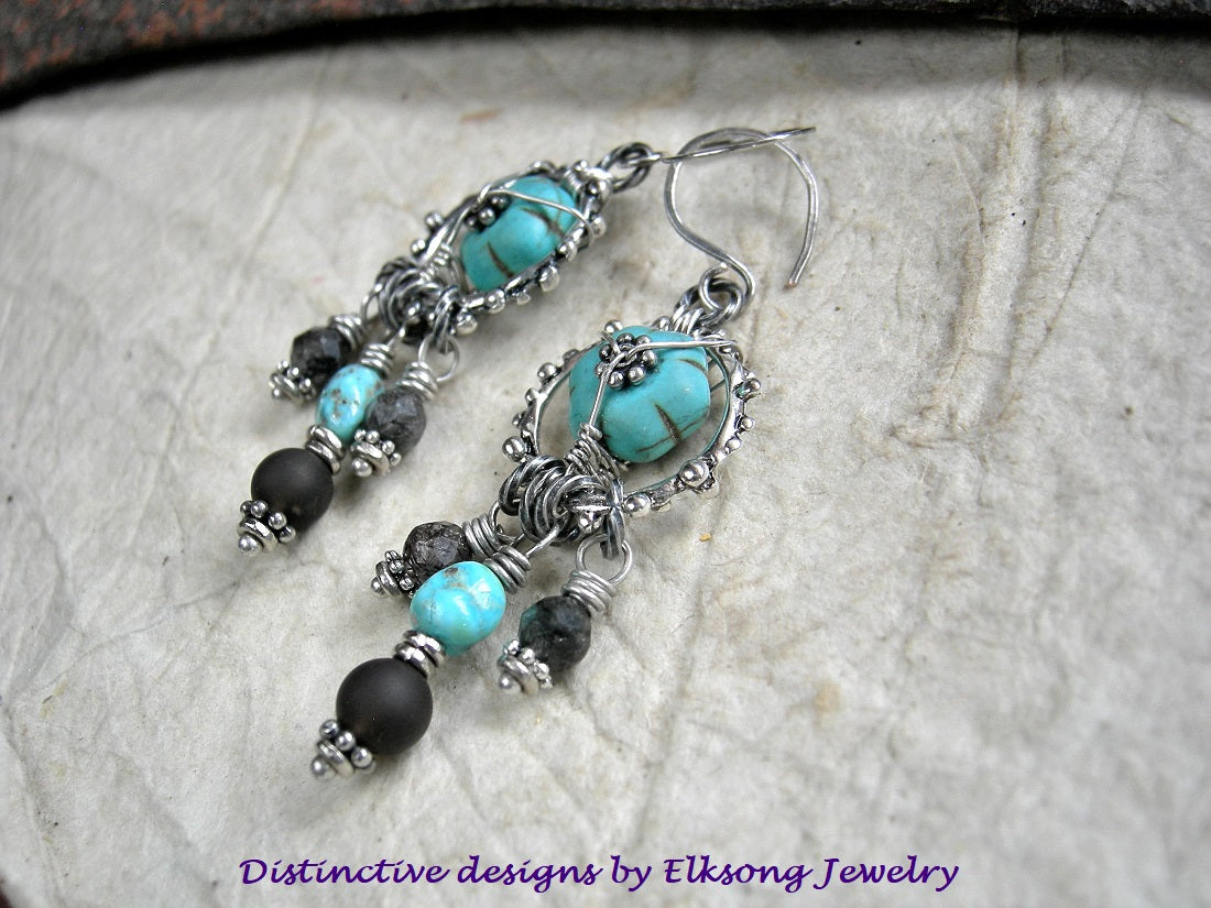 Grounded turquoise & smoky quartz chandelier style earrings, sterling wire wrap, silver finish granulation rings.