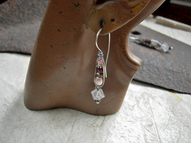 Loves Soft Voice wrapped hook earrings with sterling silver wire wrap, coral, tourmaline, pearl & rose quartz.
