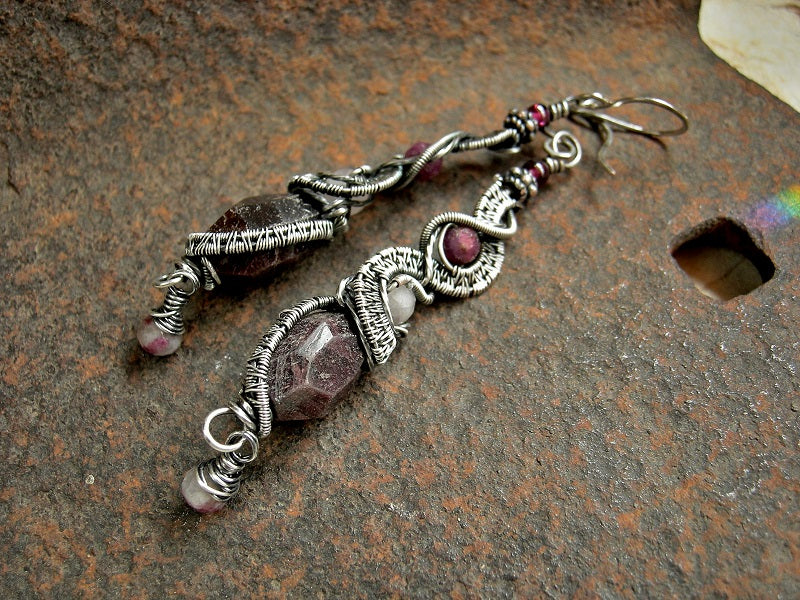 Garnet & sterling wire wrap statement earrings with faceted rose quartz, genuine ruby & eudialyte onion briolettes. Sterling ear wires.