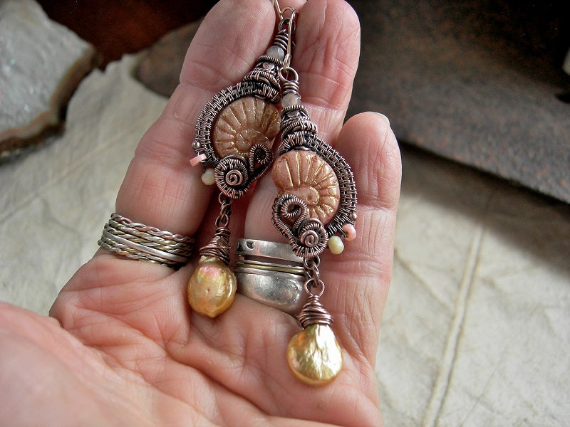 Boho luxe glass nautilus & copper wire wrap earrings with gold coin pearls, yellow opal, pink coral & sunstone, copper Bali beads, 14kt gold filled ear wires.