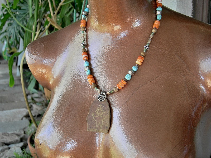 Earthy elegant necklace with handmade stoneware petroglyph focal, strung turquoise, spiny oyster shell, picture jasper & sterling silver beads.