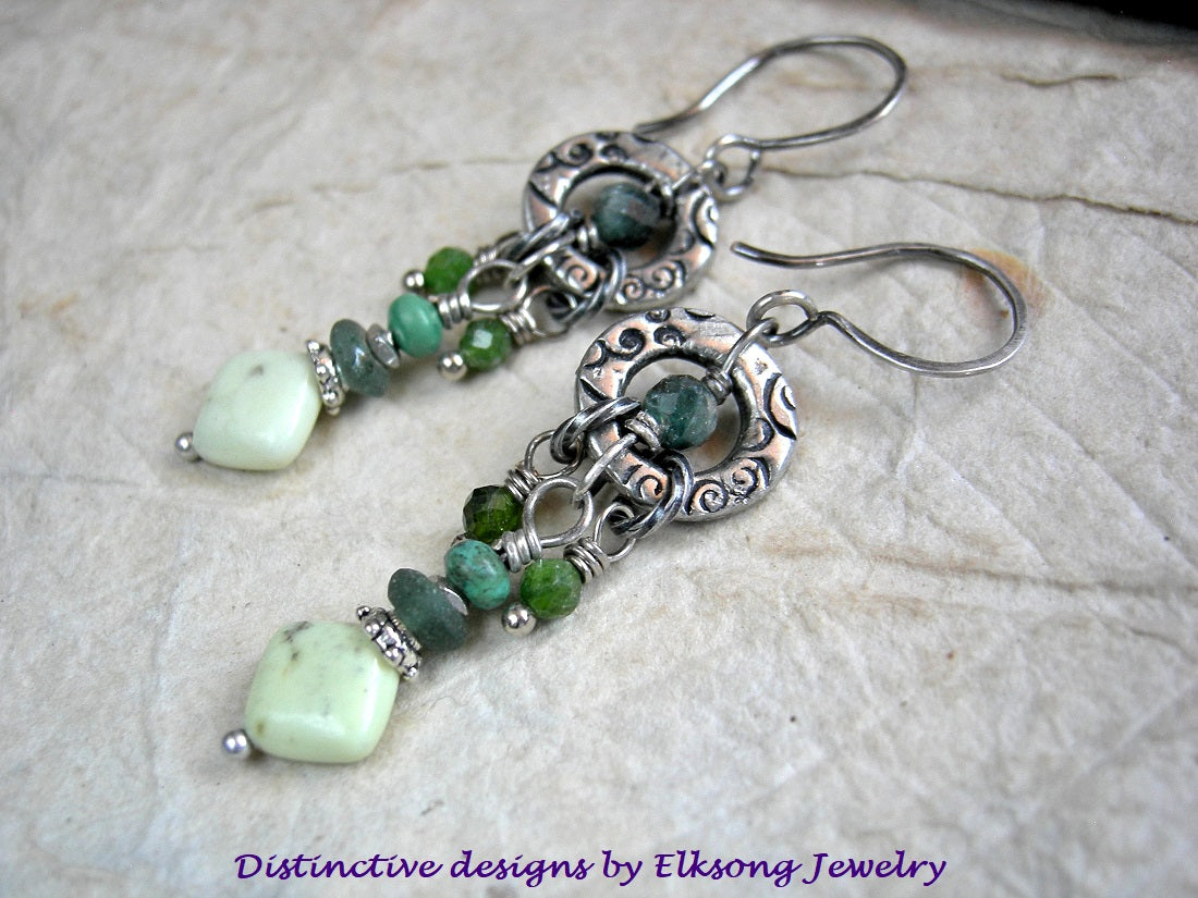 Green Fields earrings with stamped silver rings, green gemstone mix, ancient Roman glass discs, sterling ear wires.