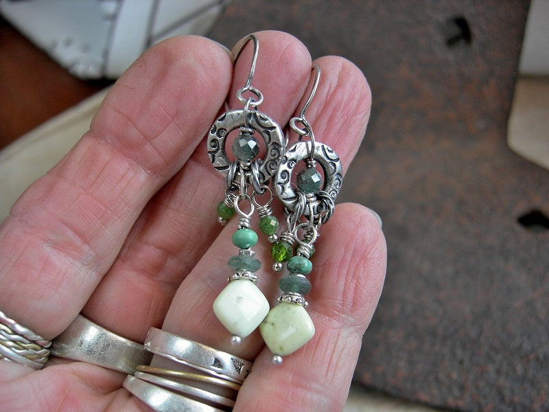 Boho zen earrings with stamped silver rings, green gemstone mix, ancient Roman glass discs, sterling ear wires.