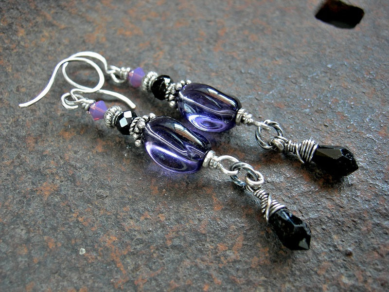 Twilight Earrings, Purple & Black Glass, Crystal & Gemstone Beads