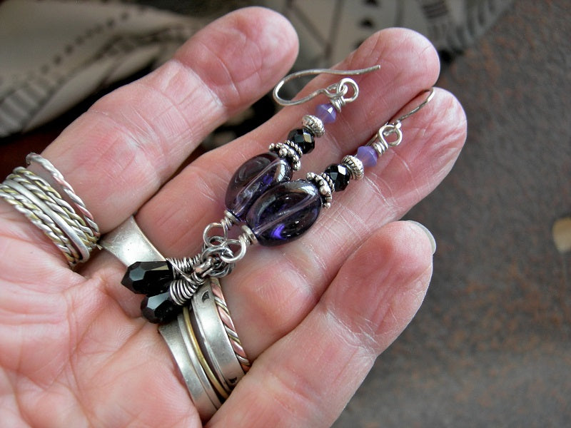Twilight Earrings, Purple & Black Glass, Crystal & Gemstone Beads