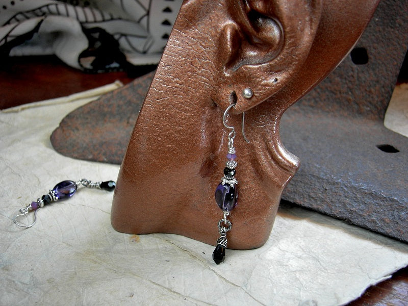 Twilight Earrings, Purple & Black Glass, Crystal & Gemstone Beads