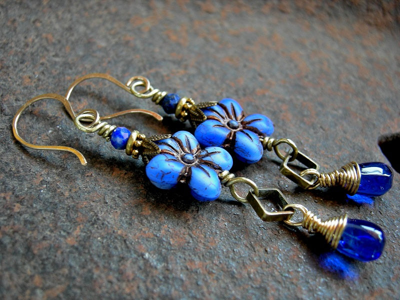 Cornflower Earrings, Gold & Rich Blues, Glass & Faceted Lapis