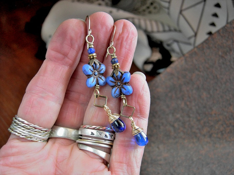 Cornflower Earrings, Gold & Rich Blues, Glass & Faceted Lapis