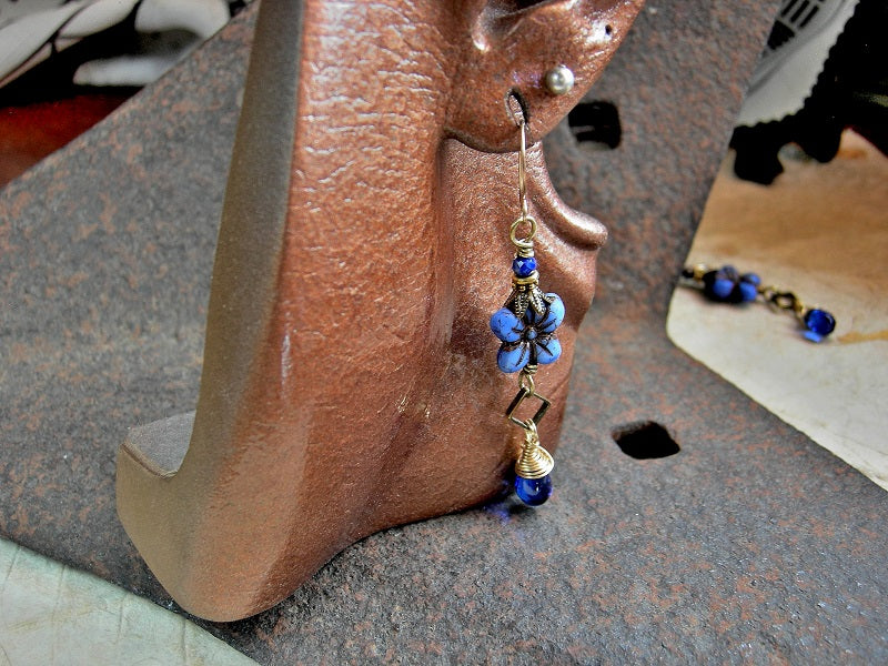 Cornflower Earrings, Gold & Rich Blues, Glass & Faceted Lapis