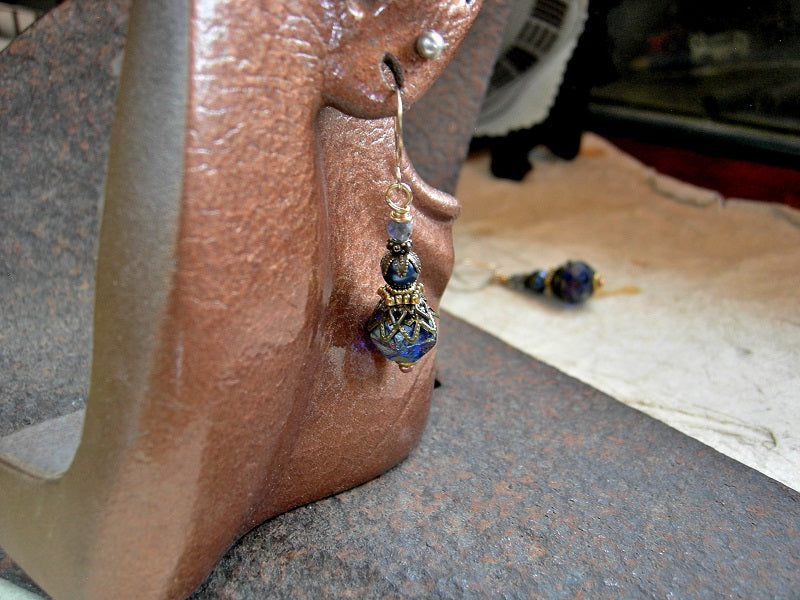 Elegant Blue Drop Earrings, Vintage Glass Pearl Beads, Faceted Iolite