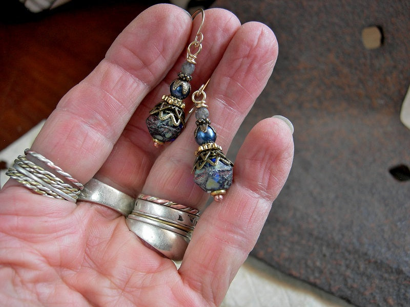 Elegant Blue Drop Earrings, Vintage Glass Pearl Beads, Faceted Iolite