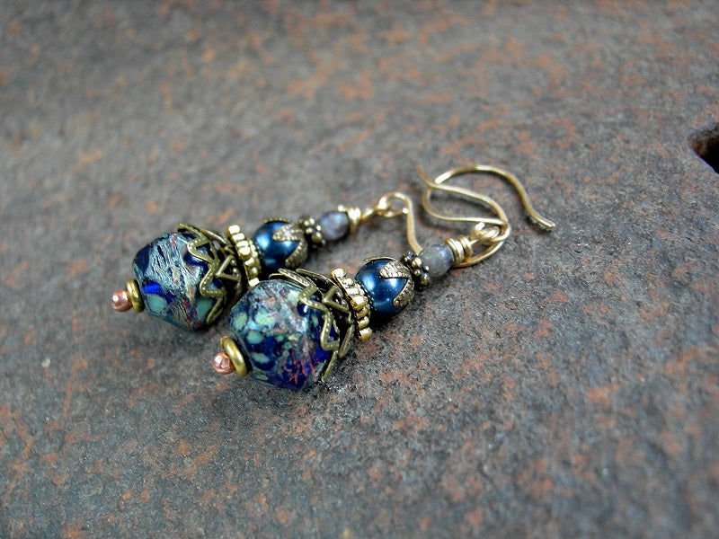 Elegant Blue Drop Earrings, Vintage Glass Pearl Beads, Faceted Iolite