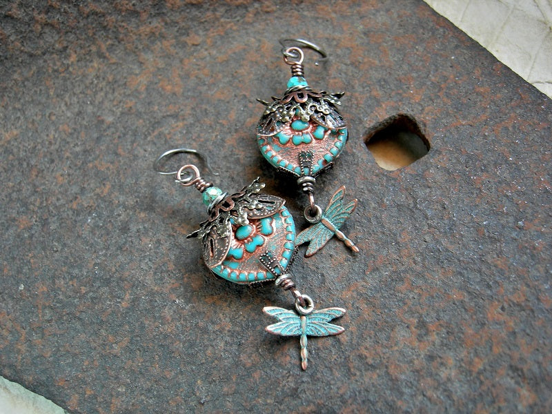 Dragonfly Love Earrings, Aqua Glass Hearts, Filigree, Verdigris Charms