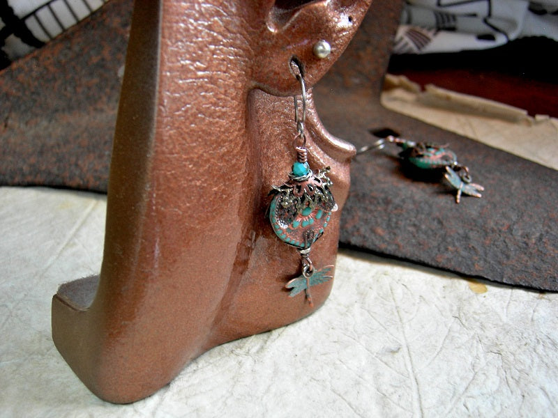 Dragonfly Love Earrings, Aqua Glass Hearts, Filigree, Verdigris Charms