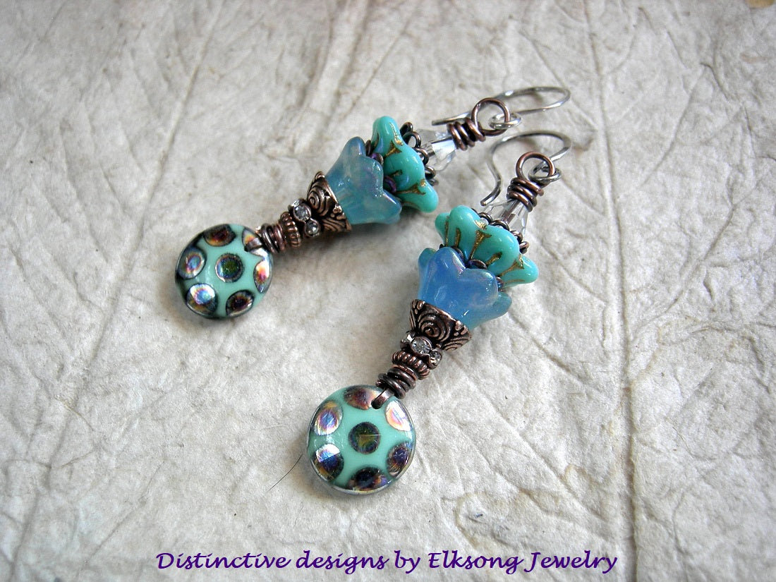 Mystic Pool Earrings, Aqua Glass Flower & Lentil Beads, Quartz Crystal