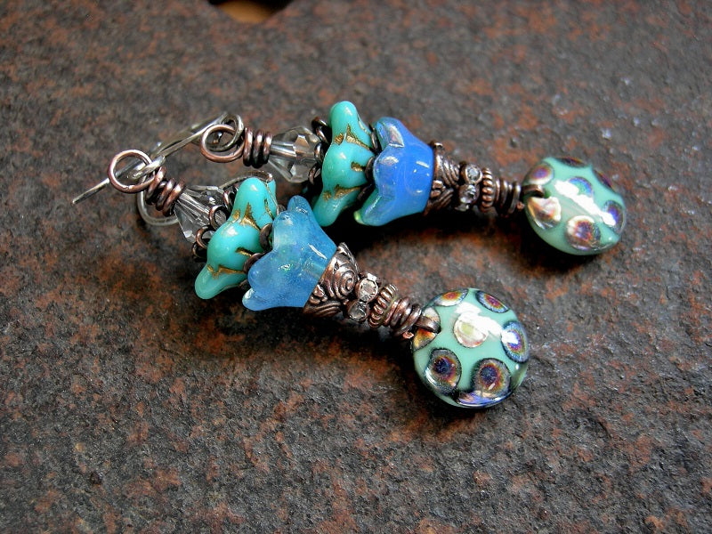 Mystic Pool Earrings, Aqua Glass Flower & Lentil Beads, Quartz Crystal