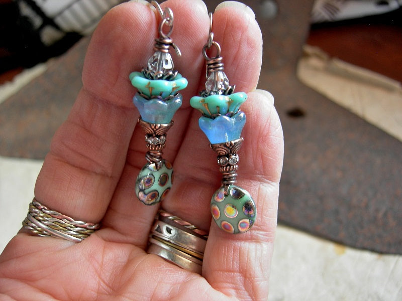 Mystic Pool Earrings, Aqua Glass Flower & Lentil Beads, Quartz Crystal