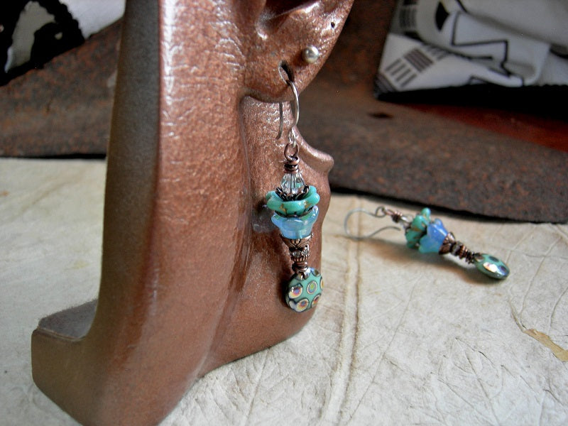 Mystic Pool Earrings, Aqua Glass Flower & Lentil Beads, Quartz Crystal