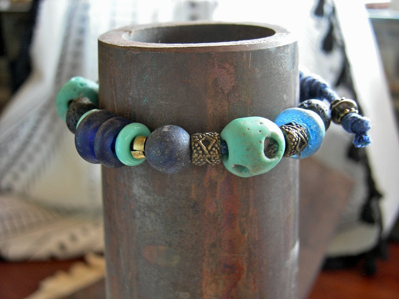 Bold Blue Sliding Knot Bracelet, Lapis, Brass, Antique & Vintage Glass