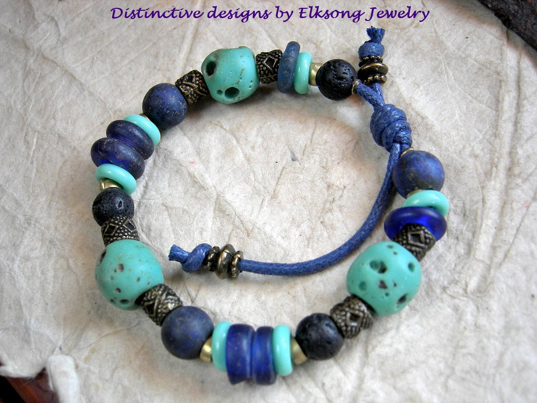 Bold Blue Sliding Knot Bracelet, Lapis, Brass, Antique & Vintage Glass