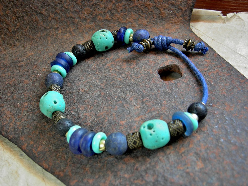 Bold Blue Sliding Knot Bracelet, Lapis, Brass, Antique & Vintage Glass
