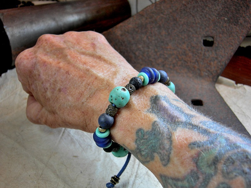 Bold Blue Sliding Knot Bracelet, Lapis, Brass, Antique & Vintage Glass