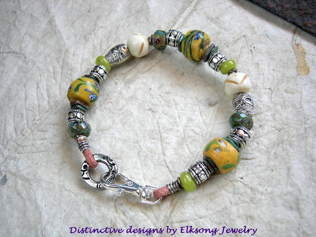 Summer Field Bracelet, Antique Venetian Trade Glass, Yellow & Silver