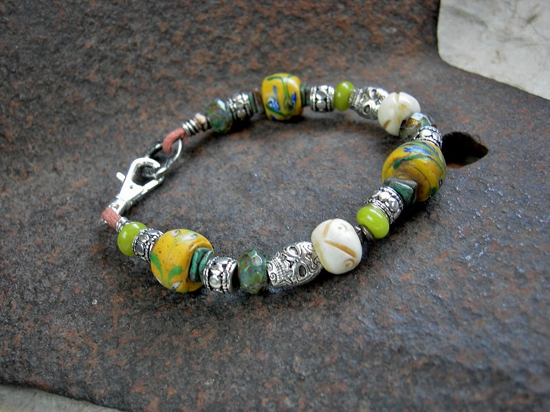 Summer Field Bracelet, Antique Venetian Trade Glass, Yellow & Silver