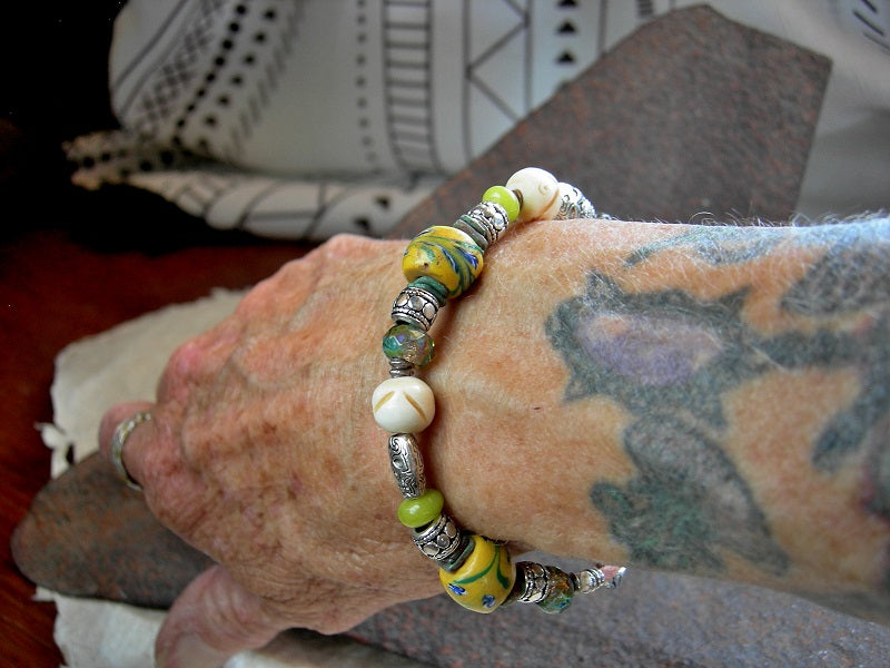 Summer Field Bracelet, Antique Venetian Trade Glass, Yellow & Silver
