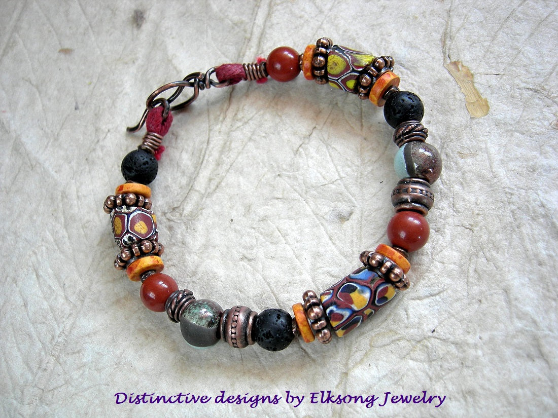 African Sun Bracelet, Antique Red & Yellow Venetian Glass, Copper