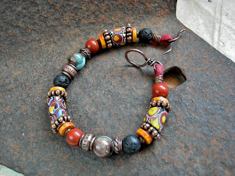 African Sun Bracelet, Antique Red & Yellow Venetian Glass, Copper