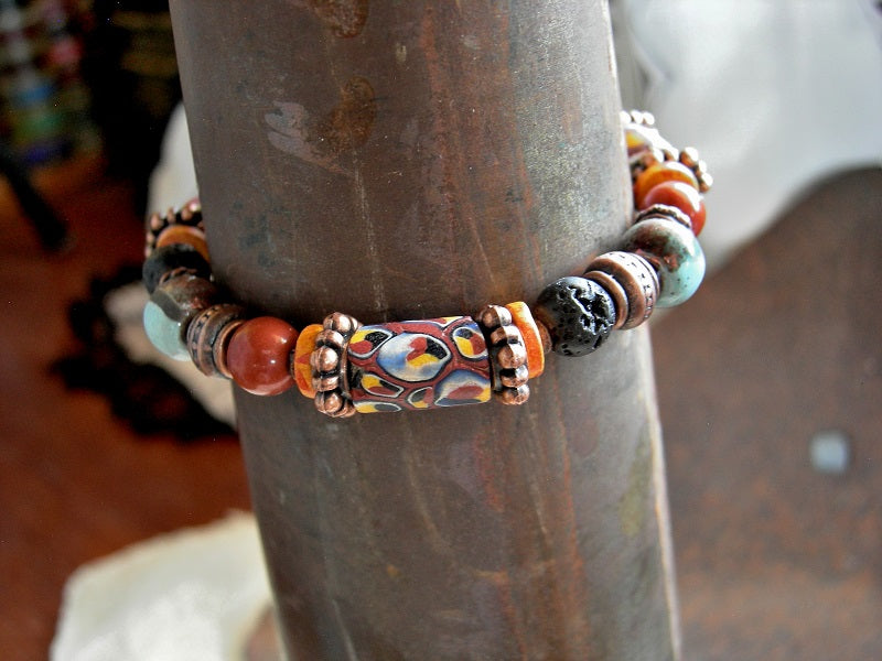 African Sun Bracelet, Antique Red & Yellow Venetian Glass, Copper